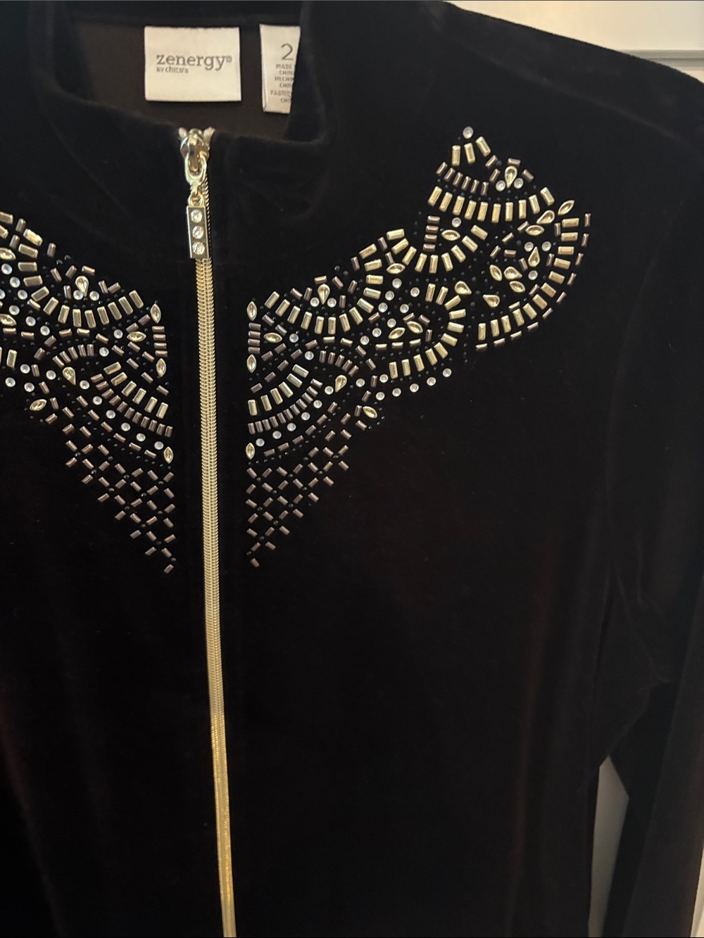 Chico's Black Velour Zip Jacket with Bead Embellishment - Picture 7 of 9